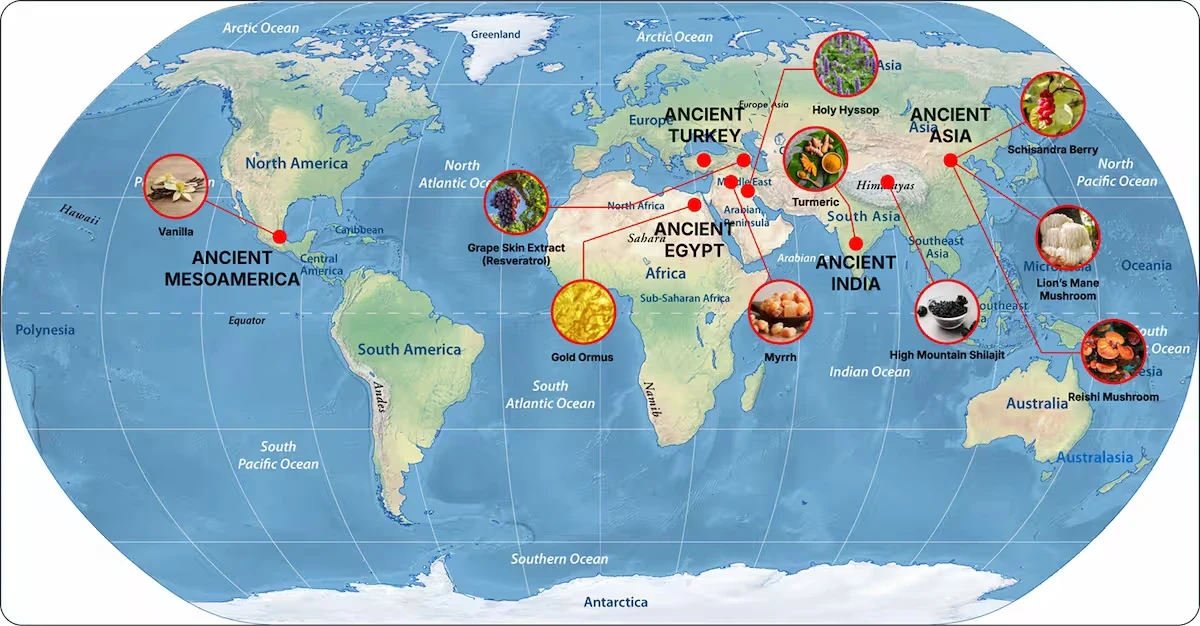 Global sourcing map showing origins of Genesis Revival ingredients